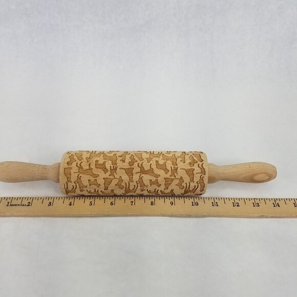 Wooden Rolling Pin Dog Motif Laser Etched Beautiful Baking Springerle Cookie - Picture 6 of 8